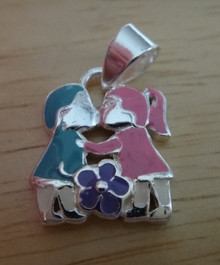 14x15mm Pink Girl Blue Boy Kissing Couple Sterling Silver Charm