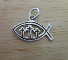 3 Crosses Christian Fish Crucifixion Sterling Silver Charm