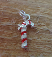 3D 8x16mm Red White Enamel Candy Cane Sterling Silver Charm