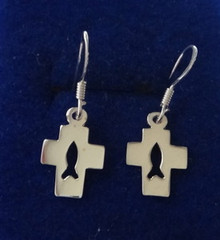 Small Cross Cut Out Christian Fish Sterling Silver Earrings