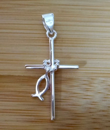 15x28mm Movable Cross with Christian Fish Sterling Silver Charm