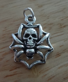 3D 16x21mm Halloween Skull Spider on Web Sterling Silver Charm