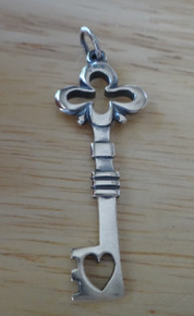 42x16mm Fancy Skeleton Key with Heart Sterling Silver Charm