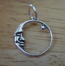 15mm Round Moon Face & Star Sterling Silver Charm