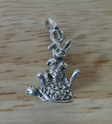 3D 14x18mm Turtle Rabbit Tortoise & Hare Sterling Silver Charm