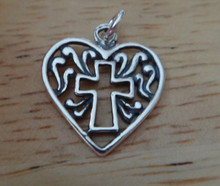 16x17mm Small Cut Out Cross & Filigree Heart Sterling Silver Charm