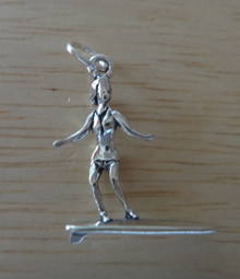 3D 22x20mm Surfer Girl Surfing on Surfboard Sterling Silver Charm