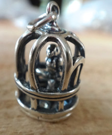 3D 13x21mm large Bird in a Bird Cage Sterling Silver Charm