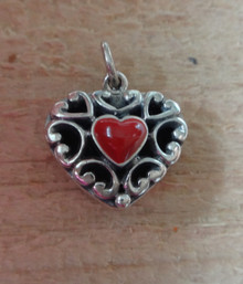 3D 16x17mm Reversible Red & Onyx Stone Heart Sterling Silver Charm