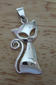 Lg Sitting Cat Curly Tail Sterling Silver Charm Pendant