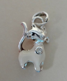 3D 10x16mm Cute White Enamel Cat Clear crystal tag Sterling Silver Charm