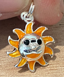 3D Yellow Enamel Smiling Sun Face Sterling Silver Charm