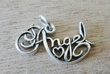24x15mm Cursive Says Angel with a Heart Sterling Silver Charm