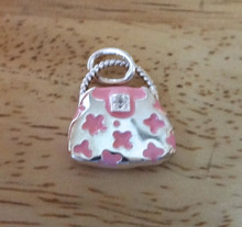 Pink Enamel with Clear Crystal Purse Sterling Silver Charm