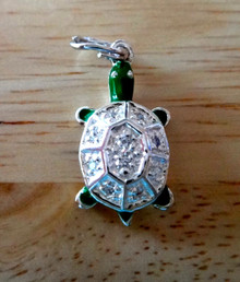 10x19mm Green Enamel & Clear CZ Box Turtle Sterling Silver Charm