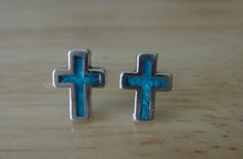 TINY 9x7mm Blue Turquoise Inlaid Cross Stud Sterling Silver Earrings