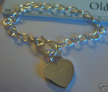 8.25" Oval 13g Link Sterling Silver Large Heart Charm Bracelet