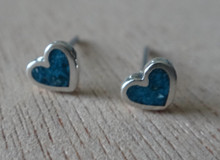 Tiny 4x5mm Blue Turquoise chip Inlaid Heart Stud Sterling Silver Earrings