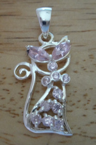 Sitting Cat with Pink CZ's Sterling Silver Charm Pendant