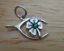 19x12mm Green Crystal on Wishbone and 4 Four Leaf Clover Sterling Silver Charm
