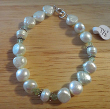 7.5" Light Green Fresh Water Pearl, Sterling & Crystal Sterling Silver Bracelet