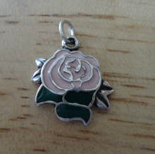 Pink & Green Enamel Rose & Leaf Sterling Silver Charm