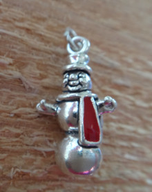 3D 13x23mm Heavy Red & White Enamel Scarf Snowman Sterling Silver Charm