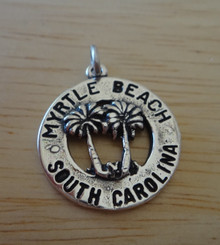 says Myrtle Beach South Carolina with Palm Trees Sterling Silver Charm