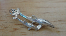 3D 13x29mm Double Dolphin Porpoise with Baby Sterling Silver Charm