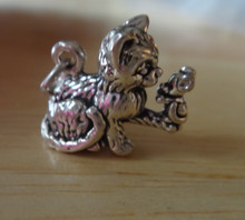 3D 15x20mm Sitting Cat Holding a Mouse Sterling Silver Charm