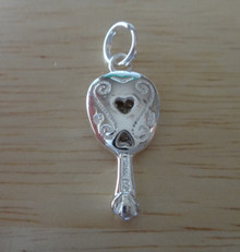 3D 11x23mm Hand Mirror with Heart & Clear Crystals Sterling Silver Charm