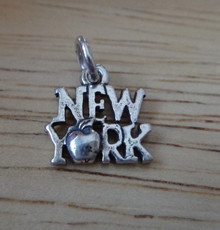 Small 11x10mm says New York with small Apple Sterling Silver Charm