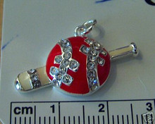 Red and Off white Enamel & Crystals Softball Bat Ball Sterling Silver Charm