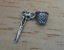 Tiny 3D 17x10mm Scissors & Thimble Sewing Sterling Silver Charm