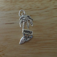 says Hawaii on a Coconut Palm Tree Sterling Silver Charm