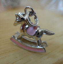 3D 16x16mm Pink Enamel Baby Girl Rocking Horse Sterling Silver Charm