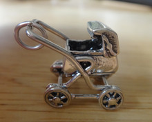 3D 22x28mm Movable Baby Stroller Pram Sterling Silver Charm