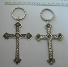 Pewter Xlarge Fancy Cross on a Keychain Keyring