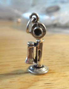 3D 10x22mm Old Fashioned Telephone Phone Sterling Silver Charm