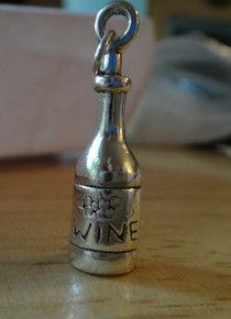 4.5 gram 3D Wine Bottle says Wine on it and some grapes Sterling Silver Charm