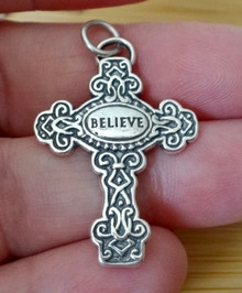 23x33mm Detailed Cross says Believe Sterling Silver Charm