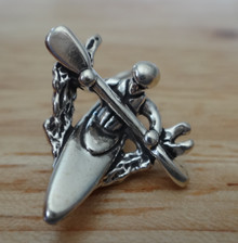 19x25mm 3D Boat Kayaker White Water Kayak & Paddle Sterling Silver Charm
