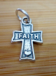 12x18mm Small Cross says Faith w/ Heart Sterling Silver Charm