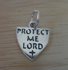 Religious Medal Protect Me Lord with Cross on Shield Sterling Silver Charm