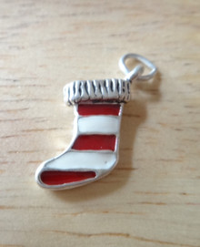 15x20mm Red & White Enamel Christmas Stocking Sterling Silver Charm