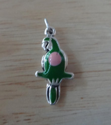 3D 12x23mm Solid 3.5g Green & Pink Enamel Parrot Bird Sterling Silver Charm