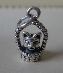 3D 10x16mm Kitten in a Basket Cat Sterling Silver Charm