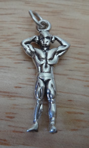 3D 12x26mm Body Builder Weight lifter Sterling Silver Charm