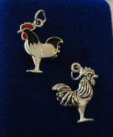 White Red & Black Enamel Rooster Chicken Sterling Silver Charm