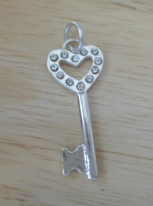 31x13mm Skeleton Key Heart Top with Clear Crystals Sterling Silver Charm!